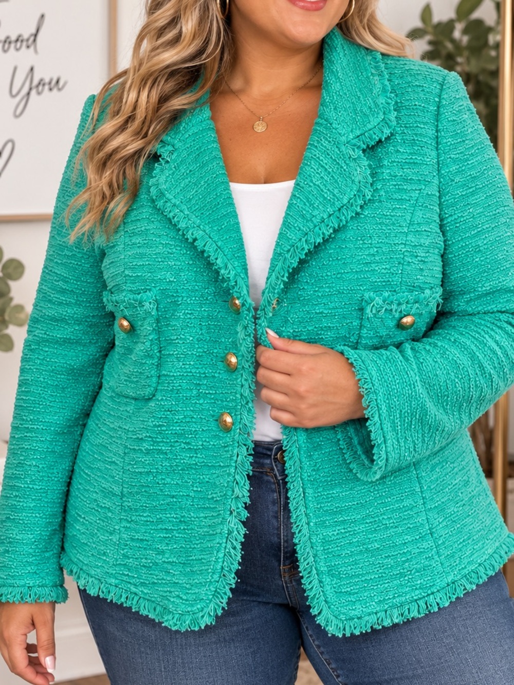 St. John Collection Teal Fringe Knit Blazer Jacket